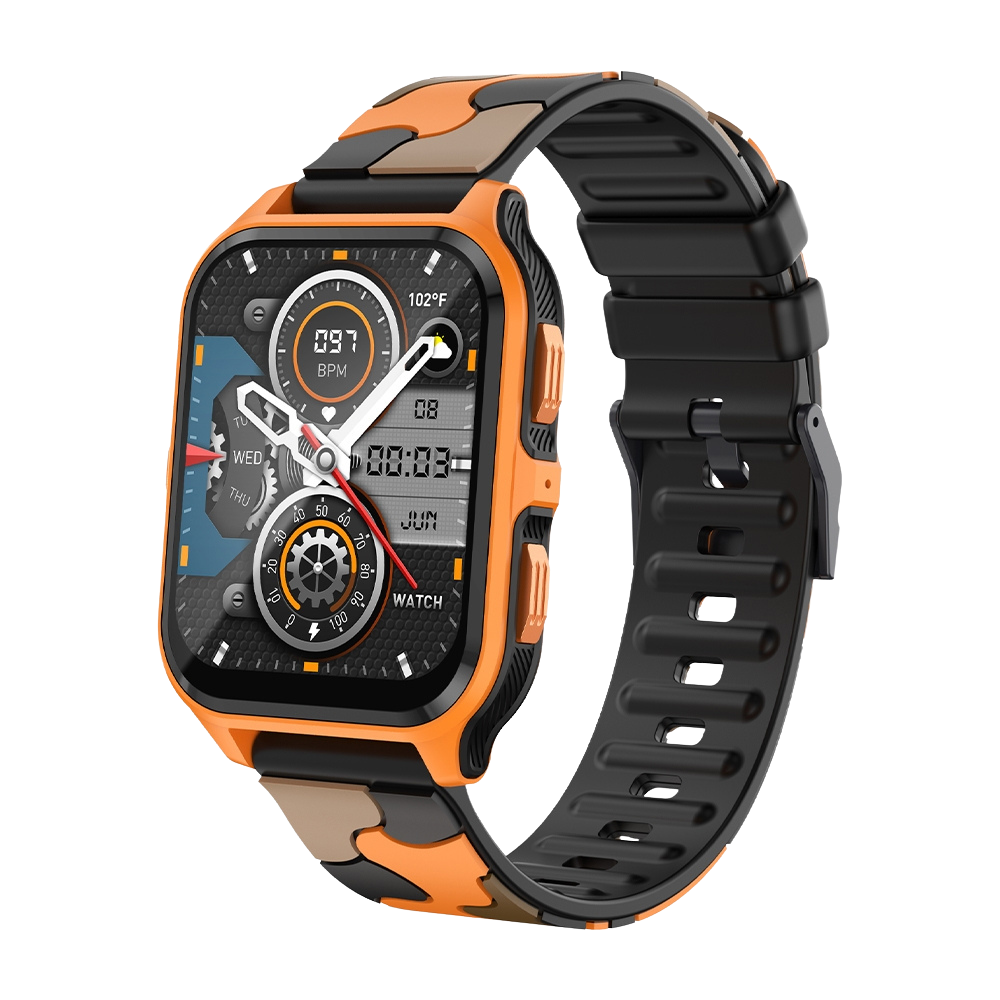 COLMI P73 Smartwatch, 1,9″ Display, Außentelefonie, IP68 wasserdicht, orange-schwarzes Camouflage-Design