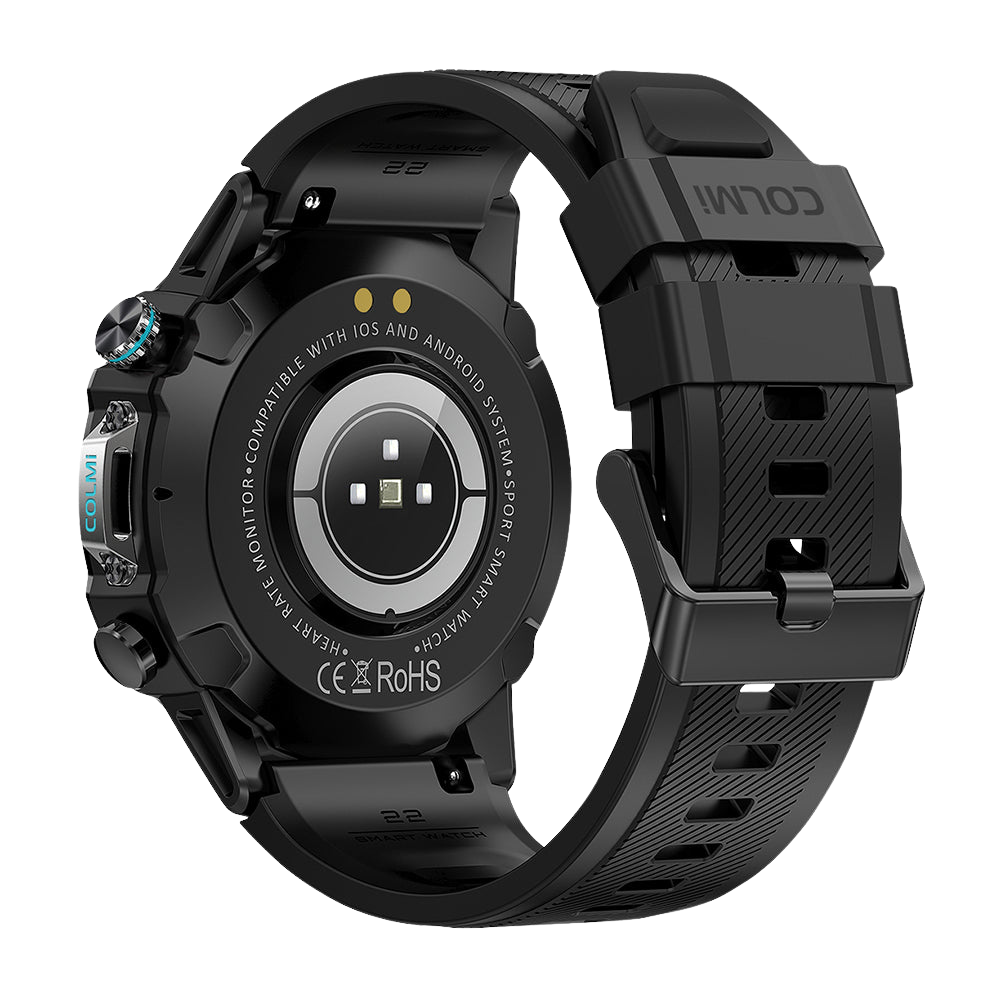 Schwarze Colmi M42 Smartwatch, hier von hinten gesehen, mit schlankem Design, über 100 Sportmodi und 10 Tagen Akkulaufzeit.