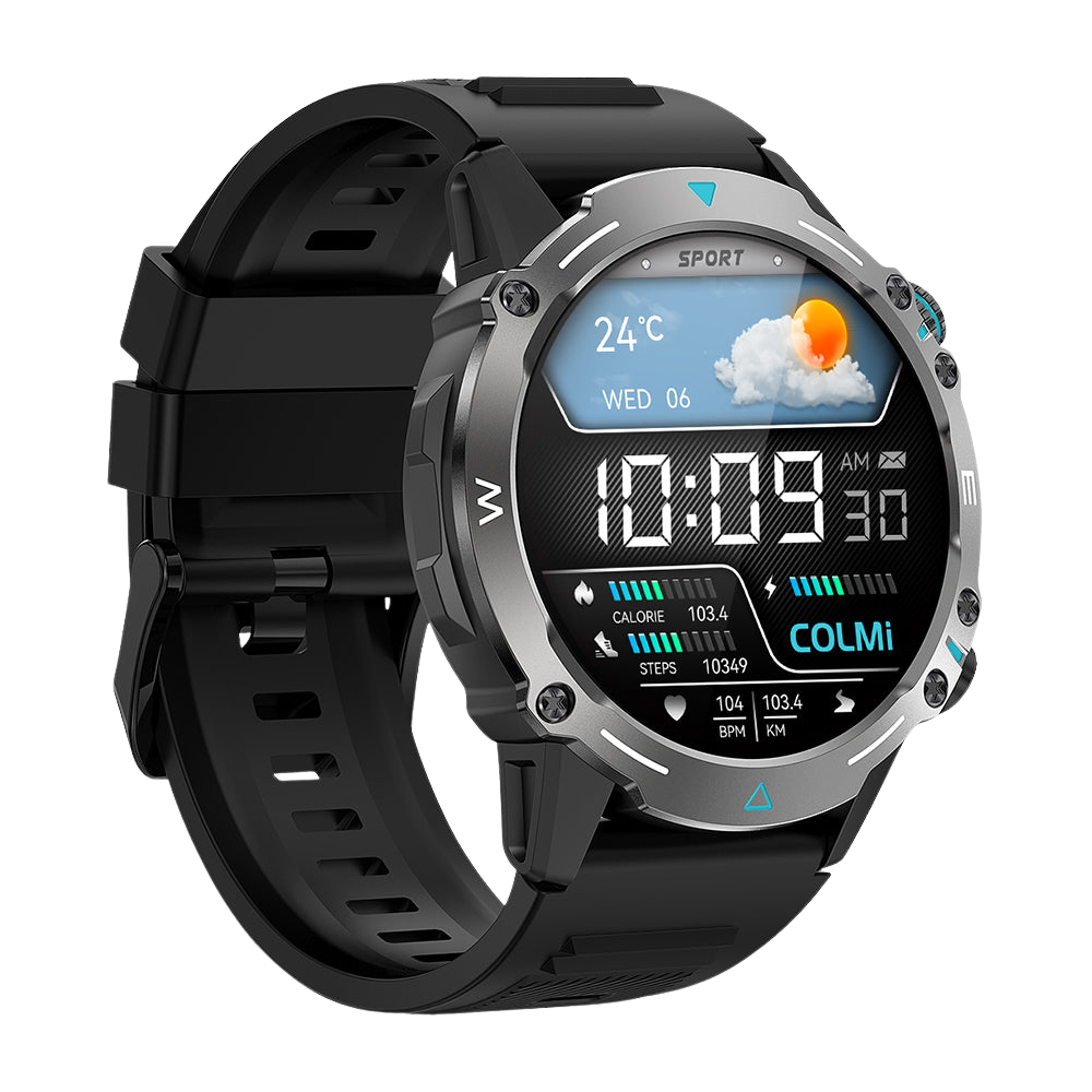 Schwarze Colmi M42 Smartwatch, von links abgebildet, mit schlankem Design, über 100 Sportmodi und 10 Tagen Akkulaufzeit.