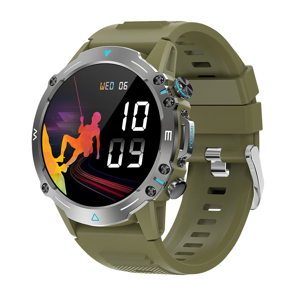 Die grüne Colmi M42 Smartwatch wird von rechts gezeigt und zeichnet sich durch ihr schlankes Design, über 100 Sportmodi und eine Akkulaufzeit von 10 Tagen aus.