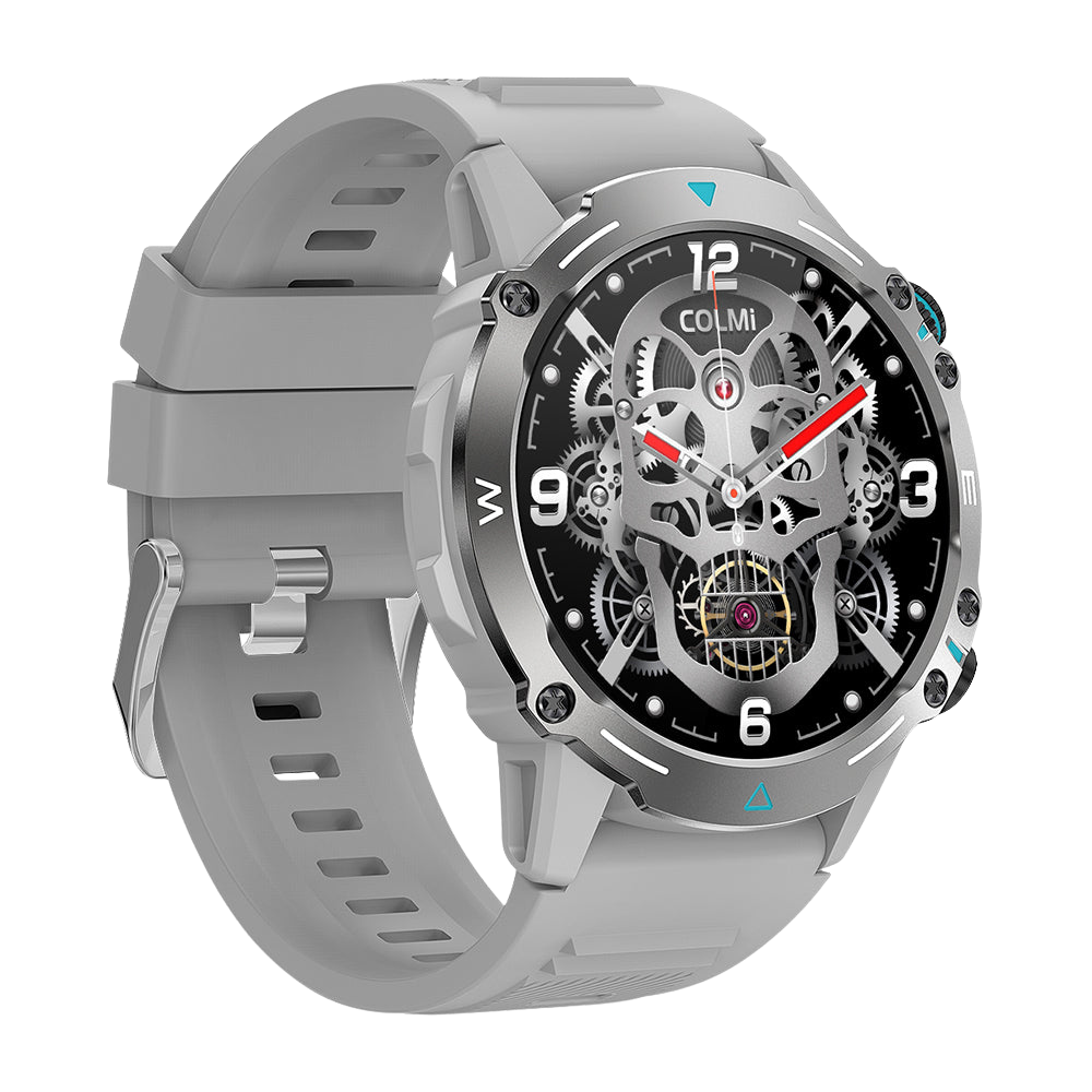 Die silberne Colmi M42 Smartwatch, von der linken Seite gezeigt, hebt das schlanke Design, die über 100 Sportmodi und die 10-tägige Akkulaufzeit hervor.
