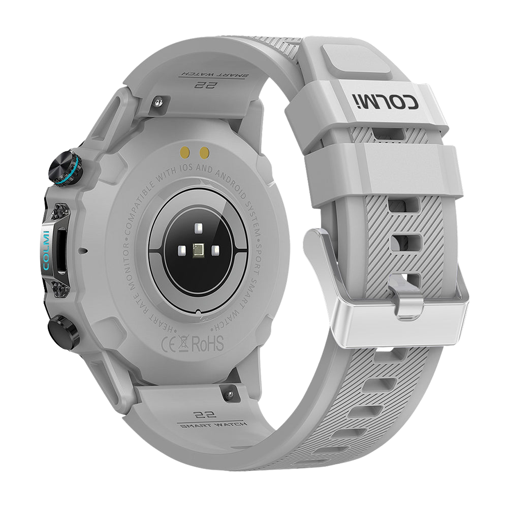 Die silberne Colmi M42 Smartwatch, hier von der Rückseite gesehen, zeichnet sich durch ein schlankes Design, über 100 Sportmodi und eine Akkulaufzeit von 10 Tagen aus.