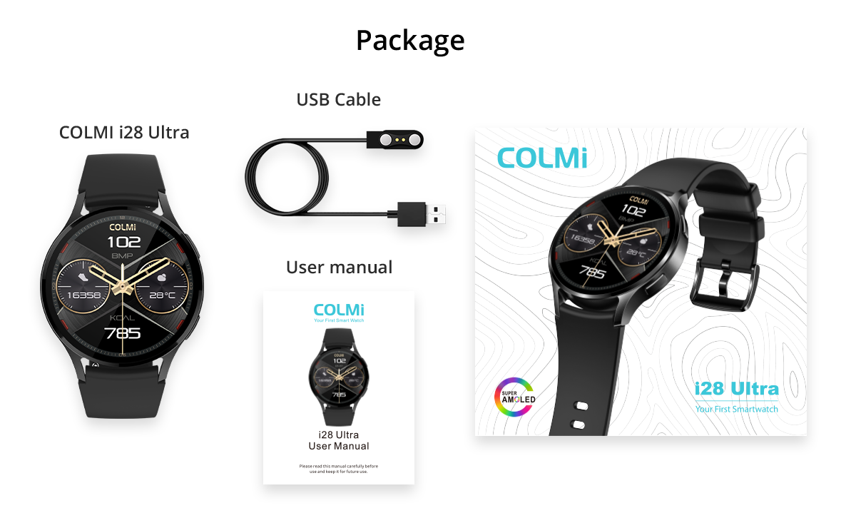 Die Colmi i28 Ultra Smartwatch wird inklusive Uhr, Ladekabel und Zubehör geliefert und bietet fortschrittliche Gesundheitsüberwachung, eine Akkulaufzeit von 10 Tagen und die Wasserdichtigkeitsklasse IP68.