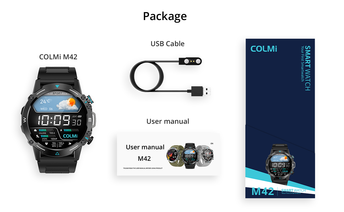 Die Colmi M42 Smartwatch wird inklusive Uhr, Ladekabel und Zubehör geliefert und zeichnet sich durch ein schlankes Design, über 100 Sportmodi und eine Akkulaufzeit von 10 Tagen aus.