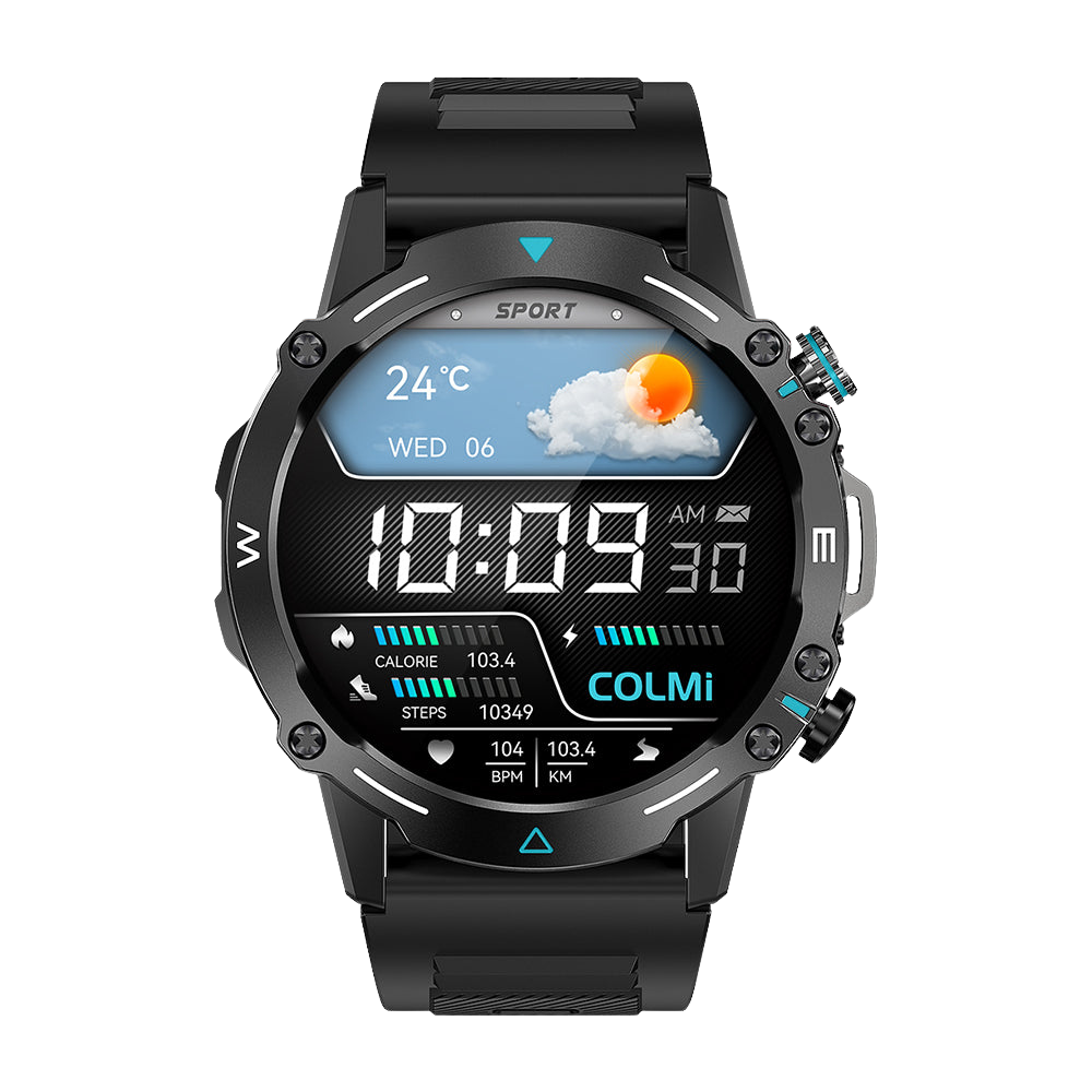 Schwarze Colmi M42 Smartwatch mit schlankem Design, über 100 Sportmodi und 10 Tagen Akkulaufzeit.