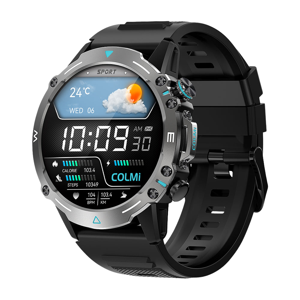 Die schwarze Colmi M42 Smartwatch wird von rechts gezeigt und zeichnet sich durch ihr schlankes Design, über 100 Sportmodi und eine Akkulaufzeit von 10 Tagen aus.