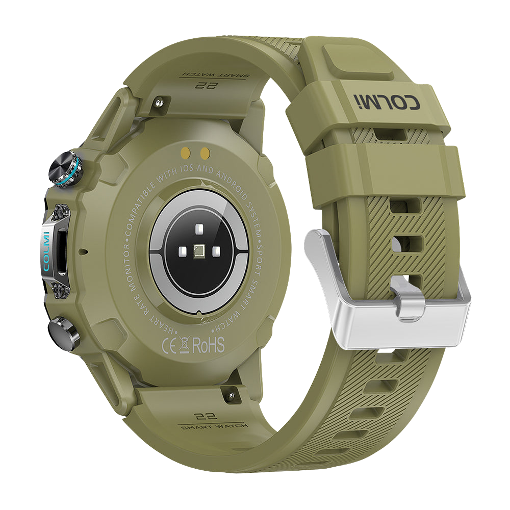 Die grüne Colmi M42 Smartwatch, hier von der Rückseite gesehen, zeichnet sich durch ein schlankes Design, über 100 Sportmodi und eine Akkulaufzeit von 10 Tagen aus.