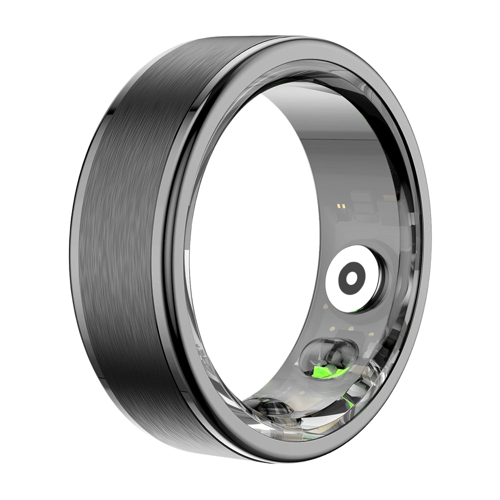Schwarzer Colmi R03 Smartring, von rechts abgebildet, mit Herzfrequenzmessung, Blutsauerstoffüberwachung und wasserdichtem Design.